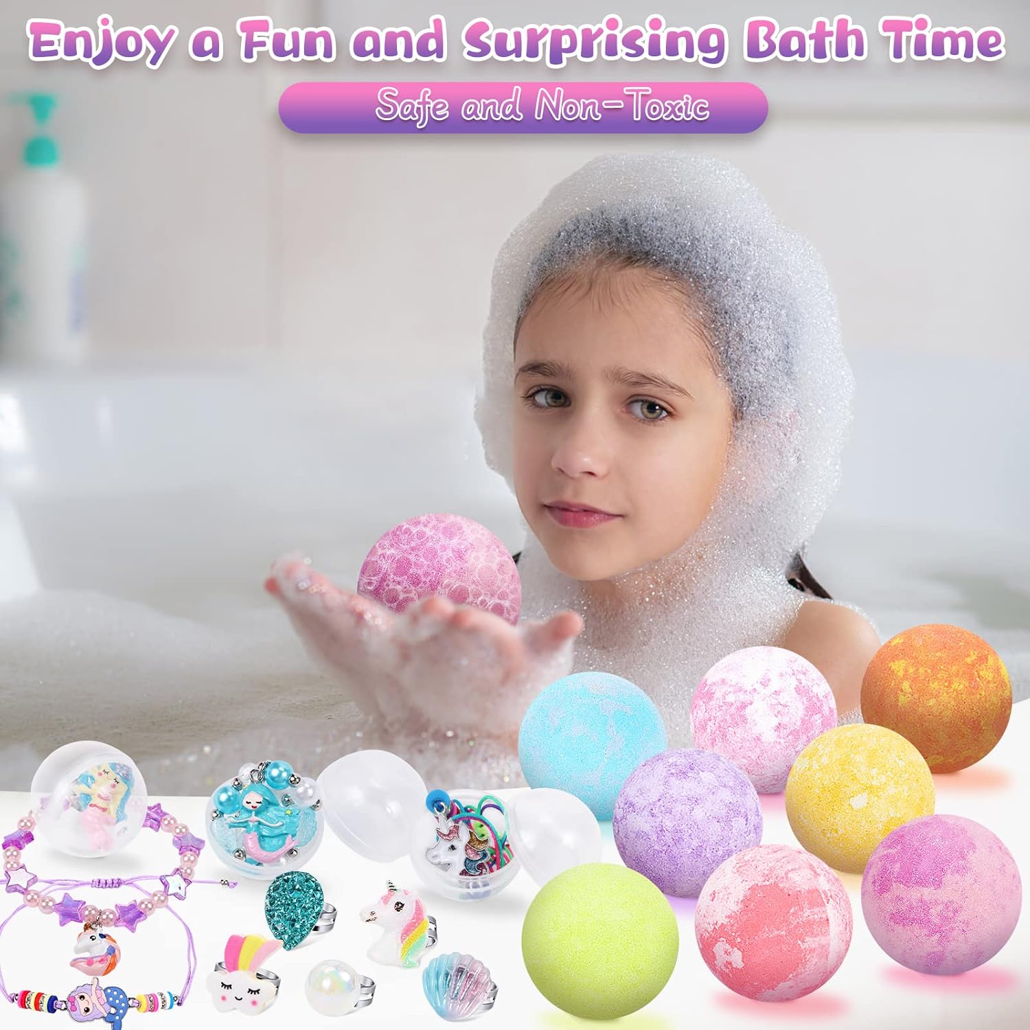 Tacobear Unicorn Bath Bombs for Kids Girls with Toys Surprise Jewelry Inside Natural Organic Bubble Bath Toys for Kids Ages 4-8 Birthday Christmas Easter Gifts for Girls 4 5 6 7 8 Years Old - Image 2
