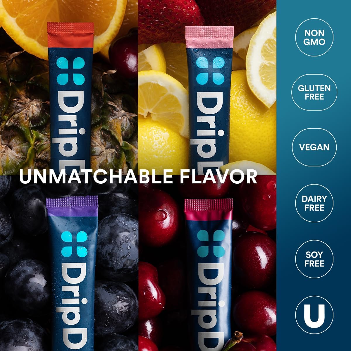 DripDrop Hydration Packets - Juicy Variety Pack - Single Serve Electrolytes Powder Drink Mix - Grape, Fruit Punch, Strawberry Lemonade, Cherry - Non-GMO, Gluten Free, Vegan - 16 Sticks - Image 8