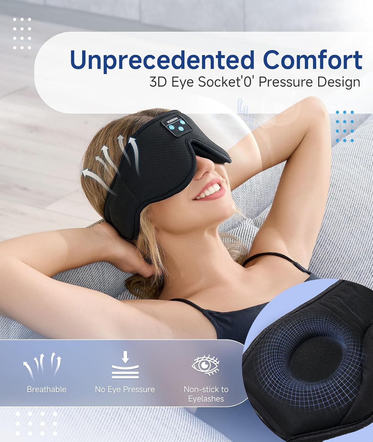 Voerou Sleep Headphones 3D Mask with Bluetooth, Adjustable Wireless Eye Mask for Sleeping for Women Men, Sleeping Headphone with Ultra-Thin Stereo Speakers Perfect for Sleep Naps - Image 3