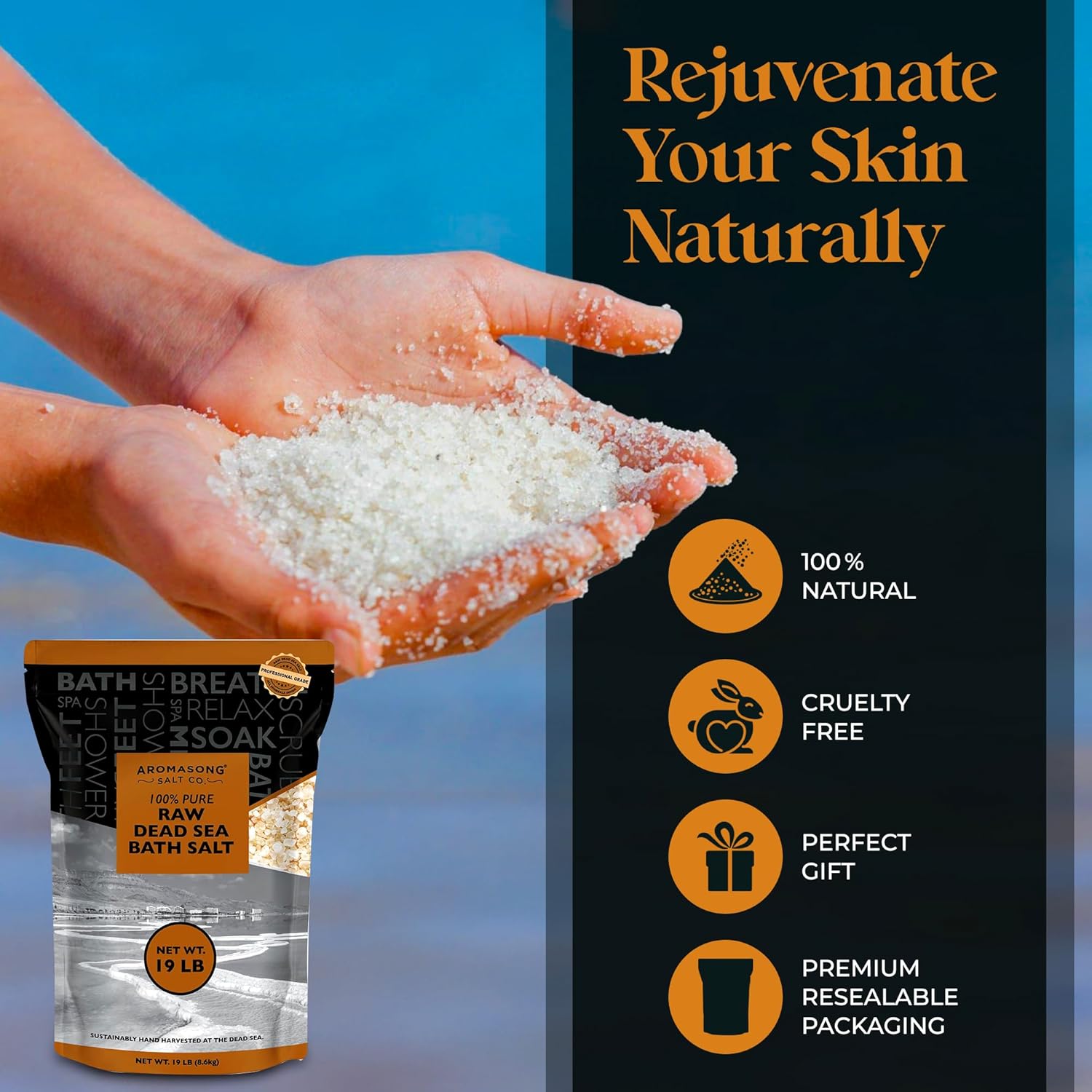 Aromasong 19 Lbs Raw Dead Sea Salt Not Cleaned - Still Contains All Dead Sea Minerals Including Dead sea Mud - Fine Medium Grain Bath Salt Large resealable Bulk Pack (Packaging May Vary) - Image 5