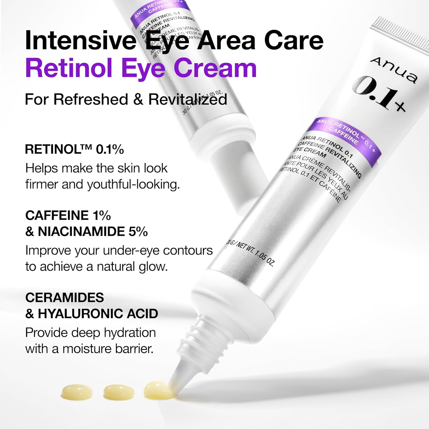 Anua Retinol 0.1 Caffeine Eye Cream for Hydration and Glow 30g Korean Skincare - Image 3