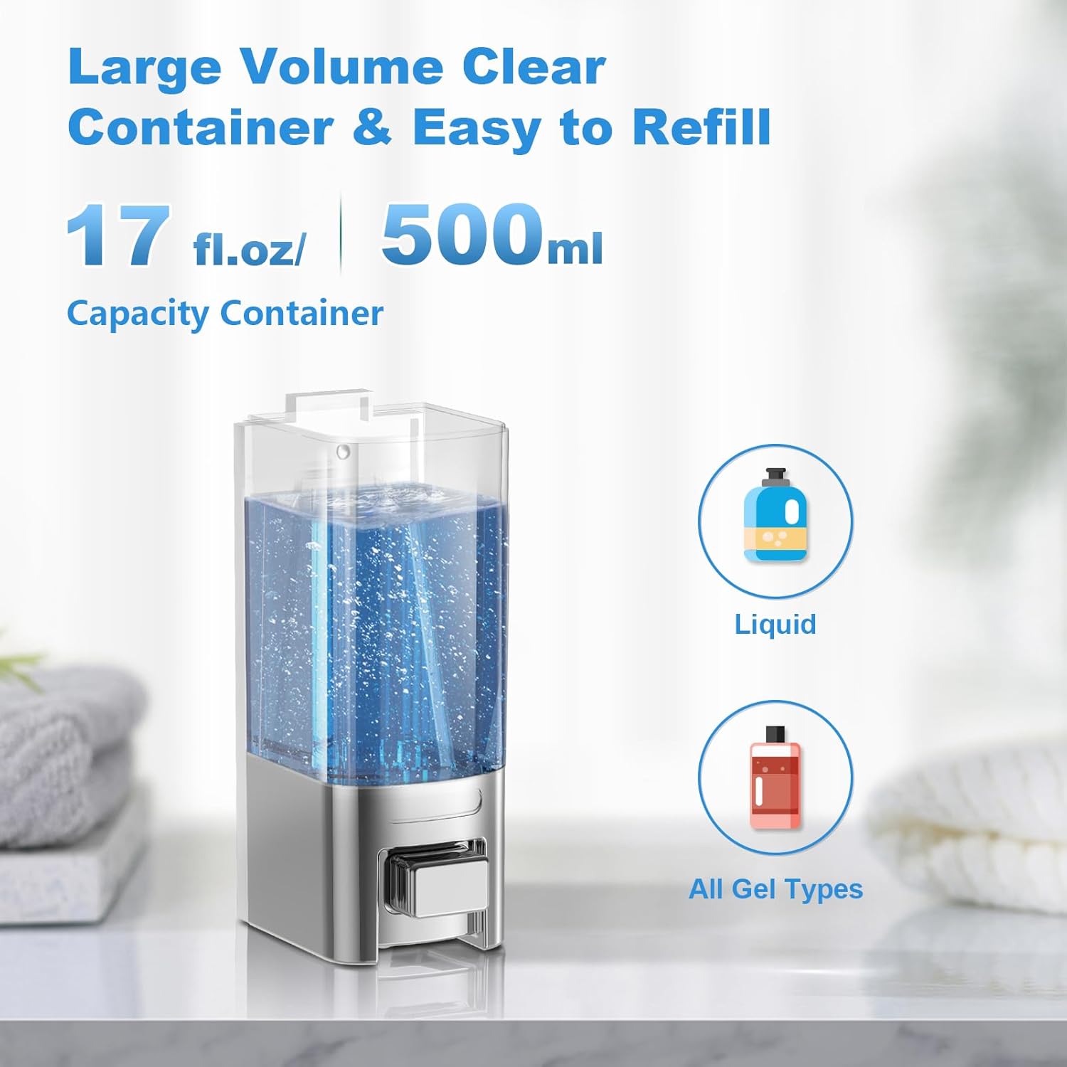 SVAVO Wall Mounted Soap Dispenser - Manual Kitchen Bathroom Hand Soap Dispenser with Anti-Leakage Nozzle Container for Liquid/Gel/Shampoo/Shower Gel/Lotion/Cleaner, 17fl.oz/500ml, Chrome&Clarity - Image 3