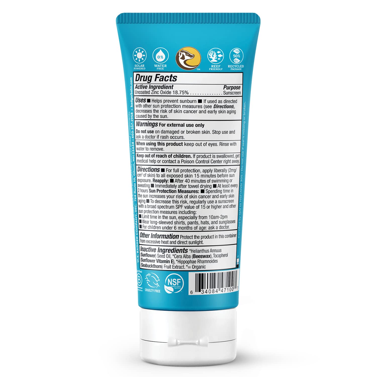 Badger Mineral Sunscreen Cream SPF 30 Unscented Reef Safe Water Resistant Travel Size 2.9 fl oz - Image 2