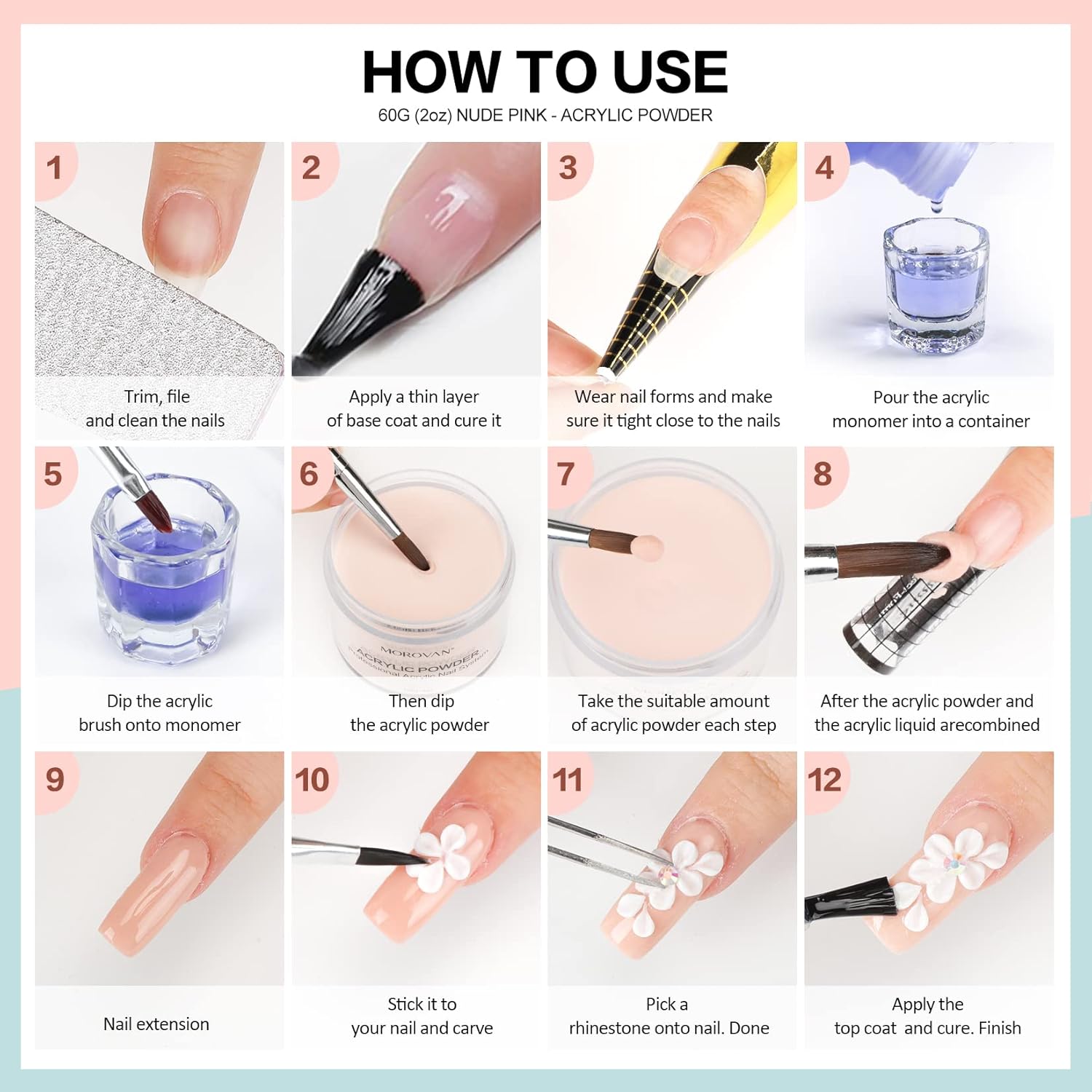 Morovan 4 Color Acrylic Nail Powder Set Clear Nude Pink White for Nail Art - Image 7