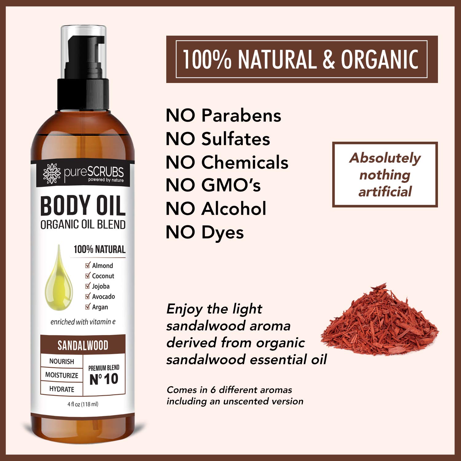 pureSCRUBS Ultra Moisturizing Sandalwood Body Oil Spray For Dry Skin, Massage, Cuticles & More, Organic Blend of Jojoba, Argan, Coconut, Sweet Almond & Avocado Oils Enriched with Vitamin E, Lg 4oz - Image 4