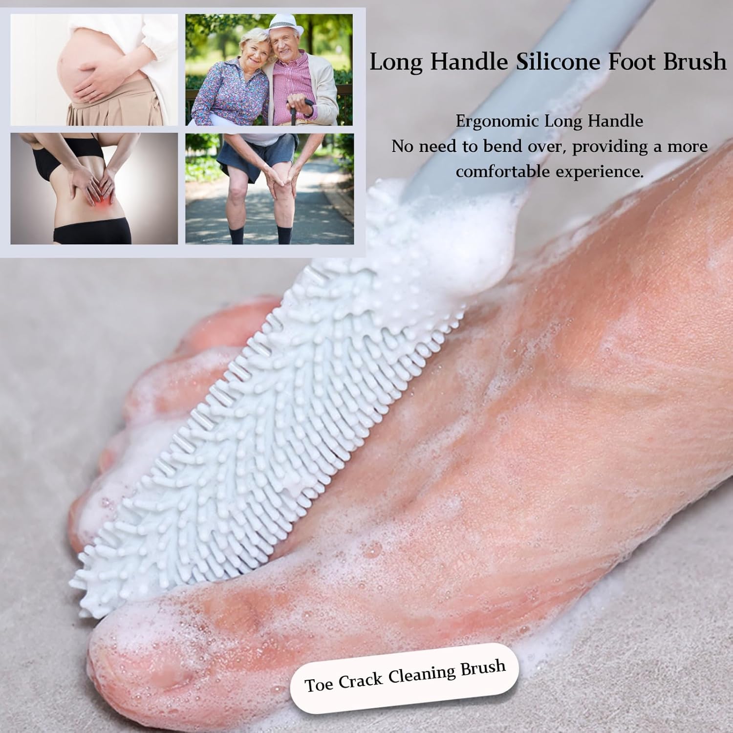 Toe Cleaning Brush with 15.7" Long Handle,Foot Scrubber in Shower,No Bending, Ideal for Seniors, Expecting Mothers, Men & Women | Foot Scrubber & Anti-Itch Exfoliating Brush (2 Pack) (Grey) - Image 2