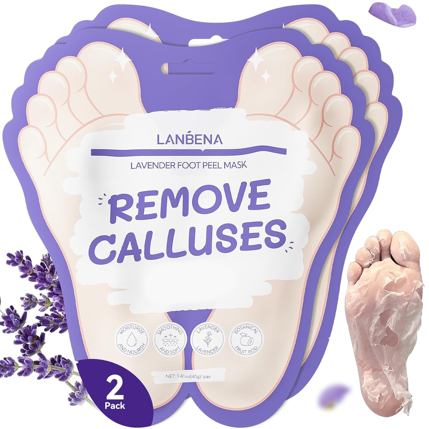 LANBENA Lavender Foot Peel Mask - Foot Peeling Mask for Removing Dry Dead Skin, Calluses & Repairing Rough Heels, for Baby Soft, Smooth Feet - Lavender Scented (2 Pairs)