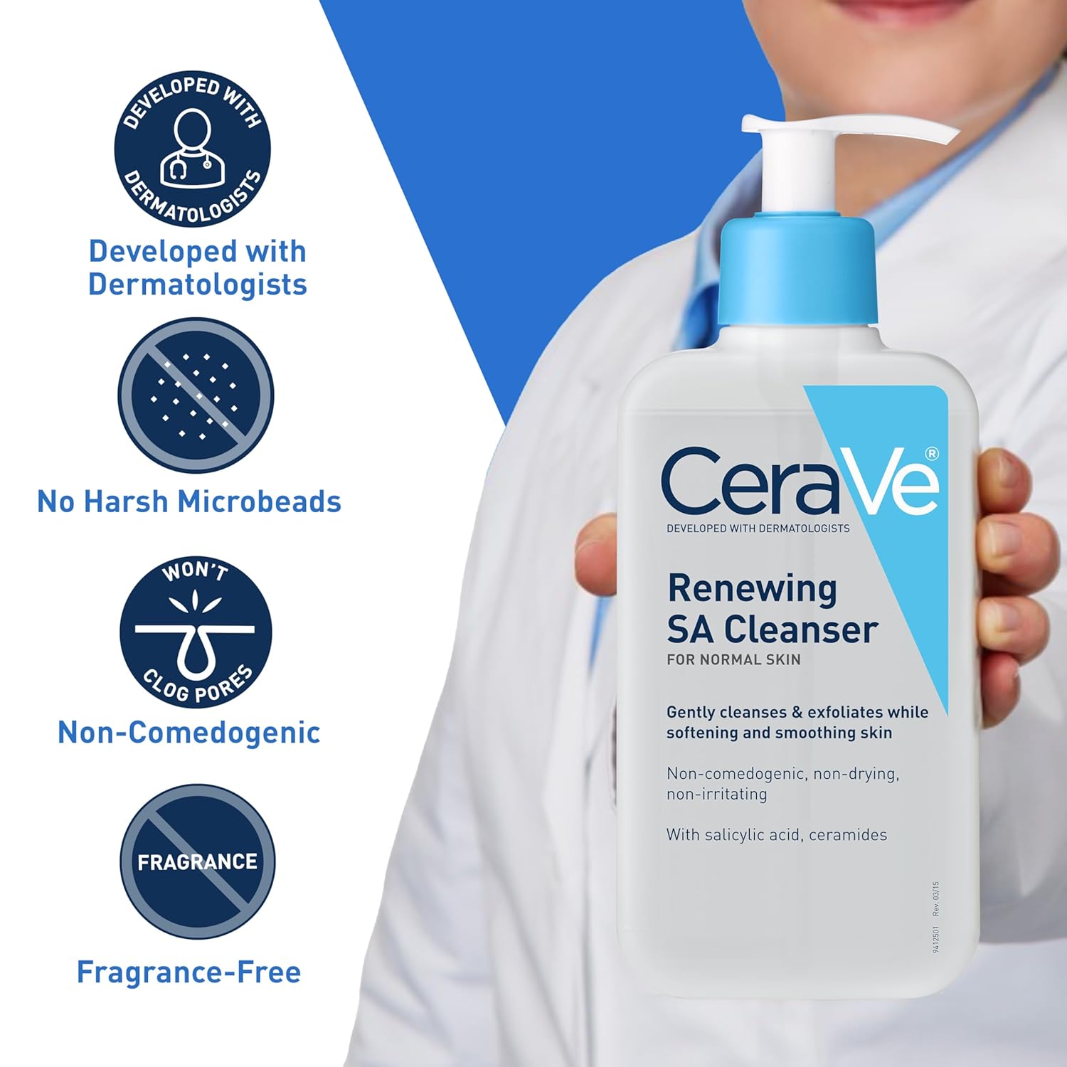 CeraVe Renewing Salicylic Acid Cleanser, Formulated With Hyaluronic Acid, Niacinamide, & Ceramides, Gentle BHA Exfoliating Face Wash Smooths & Softens Skin, Non Comedogenic & Fragrance Free, 16 Ounce - Image 3