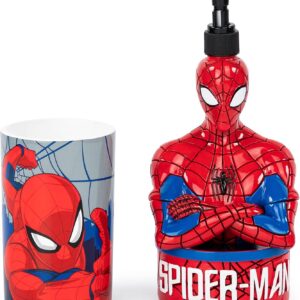Jay Franco Marvel Spiderman 2 Piece Set - Red & Blue Soap Dispenser & Tumbler Set - Kids Resin Superhero Bathroom Accessories