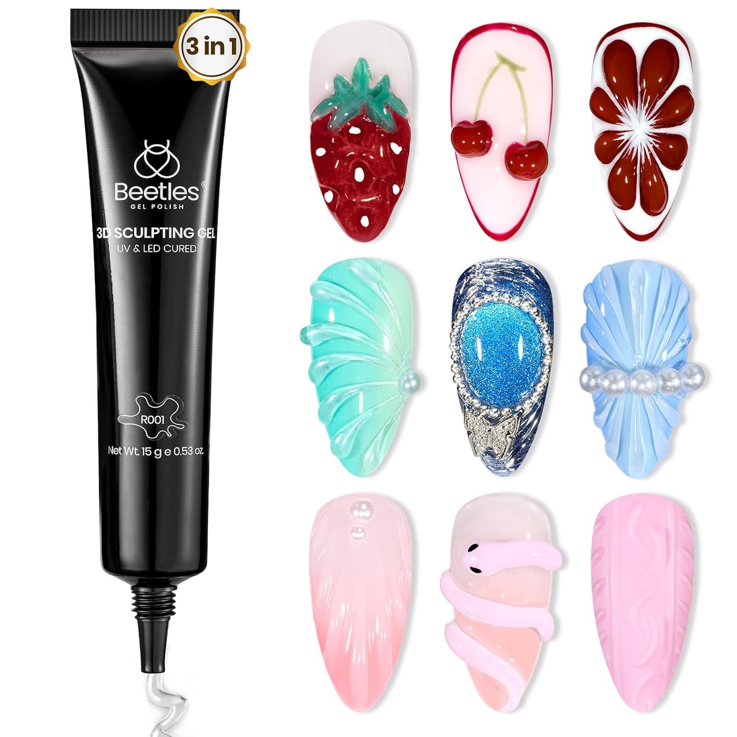 Beetles Sculpting Gel 3D Gel Nail Art Design - 3 in 1 Clear No Wipe Nail Polish Rhinestone Nail Art Glue for Nail Gems Diamond Jewelry Manicure