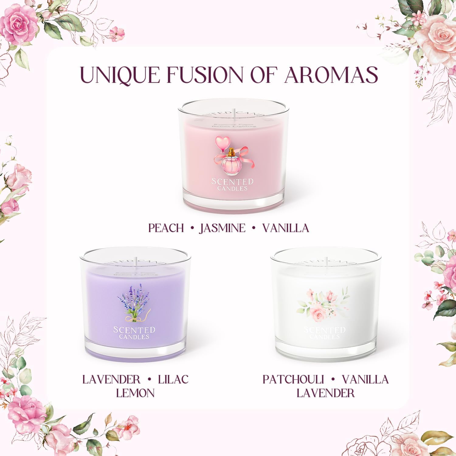 Scented Candles, Scented Candle Gift Set for Stress Relief, 3 Votive Candles for Women and Men, Birthday Candle Gifts for Women, Christmas Candles for Women (Pink + Purple + White, 7 oz) - Image 2