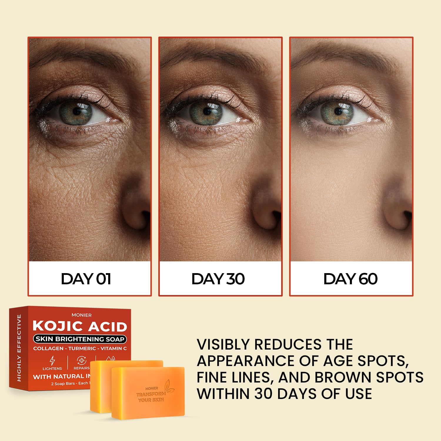 MONIER Kojic Acid Soap - Dark Spot Remover Soap Bars - with Collagen, Turmeric, Coconut Oil, Vitamin C, Vitamin E - Moisturizing & Nourishing - Original Japanese Complex - Image 2