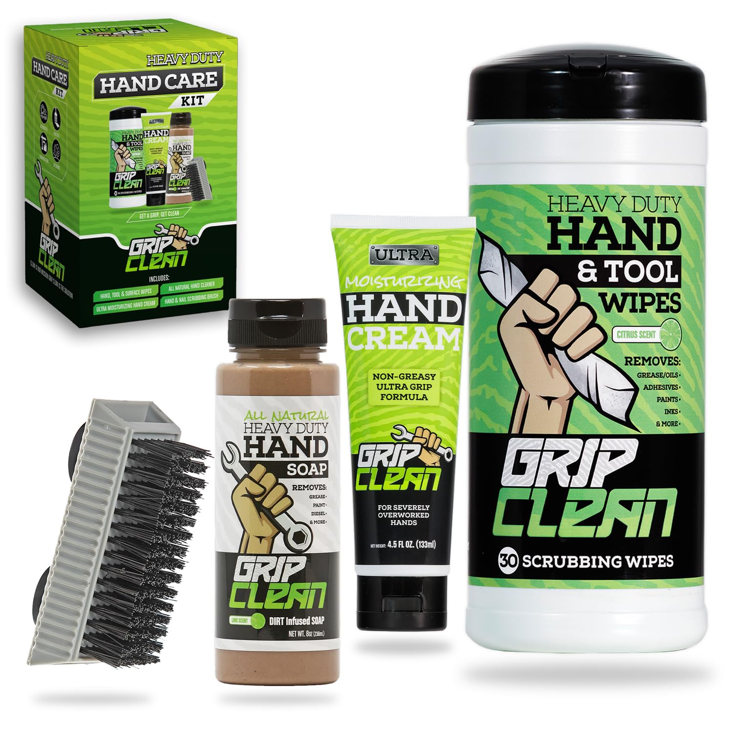 Grip Clean Heavy Duty Hand Cleaner Kit - Gift Set with Dirt-Infused Liquid Soap, Waterless Wipes, Moisturizing Cream & Nail Brush