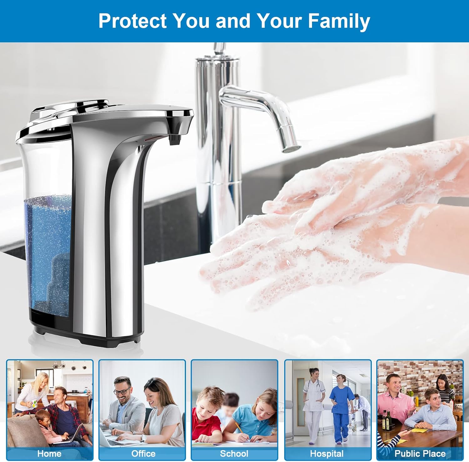 Automatic Soap Dispenser, Touchless Dish Soap Dispenser 17oz/500ml with Infrared Sensor, 5 Adjustable Soap Levels, Liquid Dispenser for Bathroom Kitchen (Silver) - Image 7