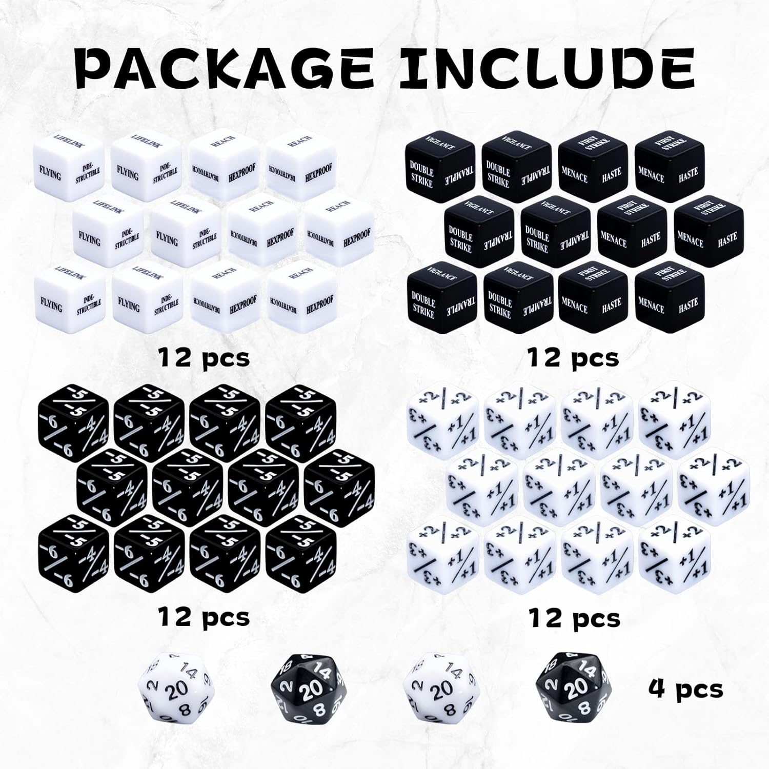 52 Pieces MTG Keywords Counter Dice and Magic The Gathering Life Counter Tokens Dice Set in Black and White with 4 D20 for MTG, TCG, Cards Gaming Accessories - Image 2