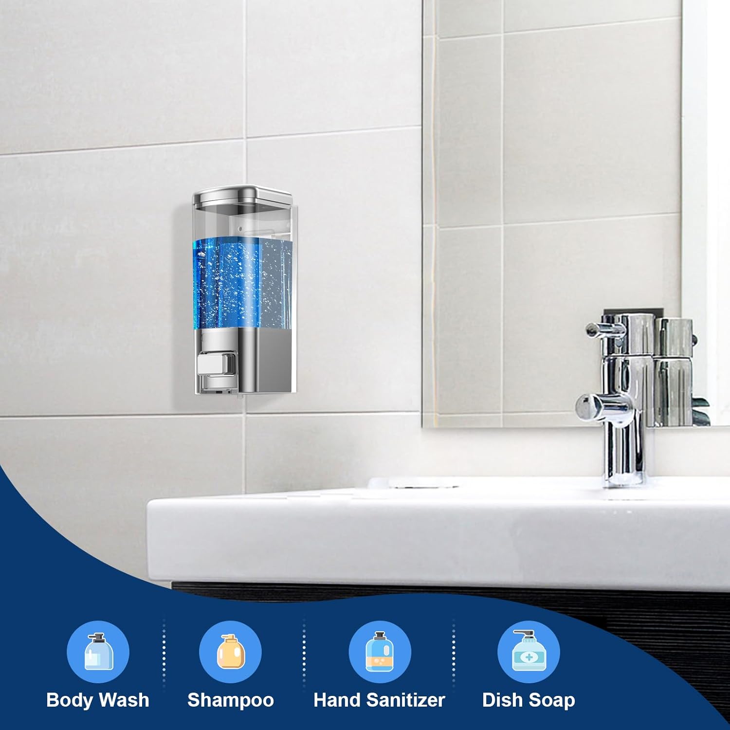 SVAVO Wall Mounted Soap Dispenser - Manual Kitchen Bathroom Hand Soap Dispenser with Anti-Leakage Nozzle Container for Liquid/Gel/Shampoo/Shower Gel/Lotion/Cleaner, 17fl.oz/500ml, Chrome&Clarity - Image 6