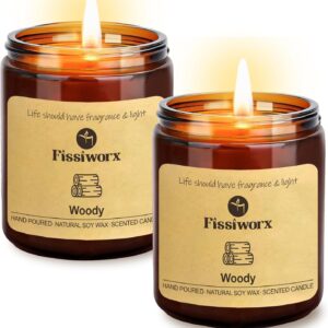 Woody Scented Candle Set 2 Pack, Candle for Home Scented, Odor Eliminating, Stress Relief, 15oz, 110 Hours Long Lasting, Present Set for Women