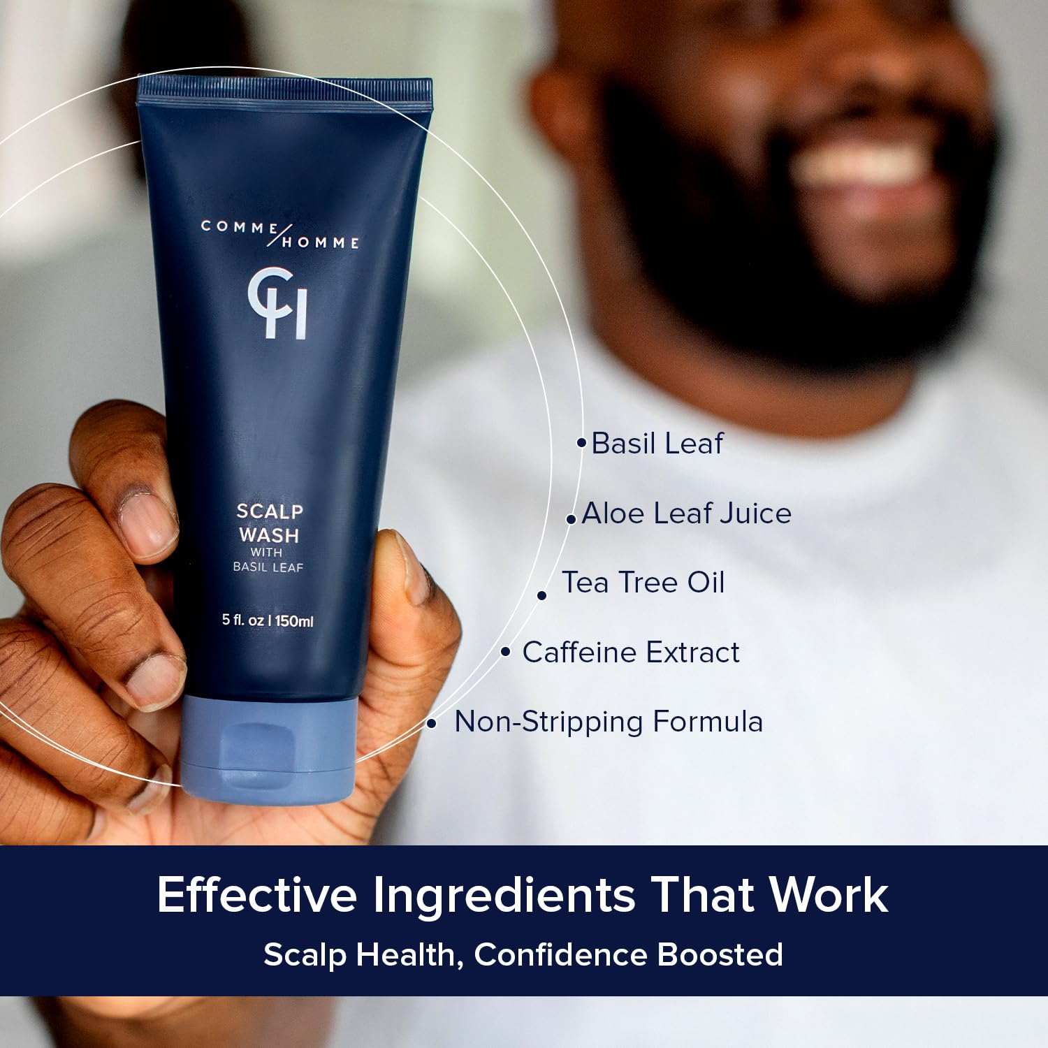 Comme Homme Hydrating Scalp Wash for Bald Men | Gently Cleanses, Soothes & Energizes with Basil, Aloe, Tree Tea & Caffeine | Scalp Wash for Face & Scalp | 5 fl. oz/ 150 ml - Image 4