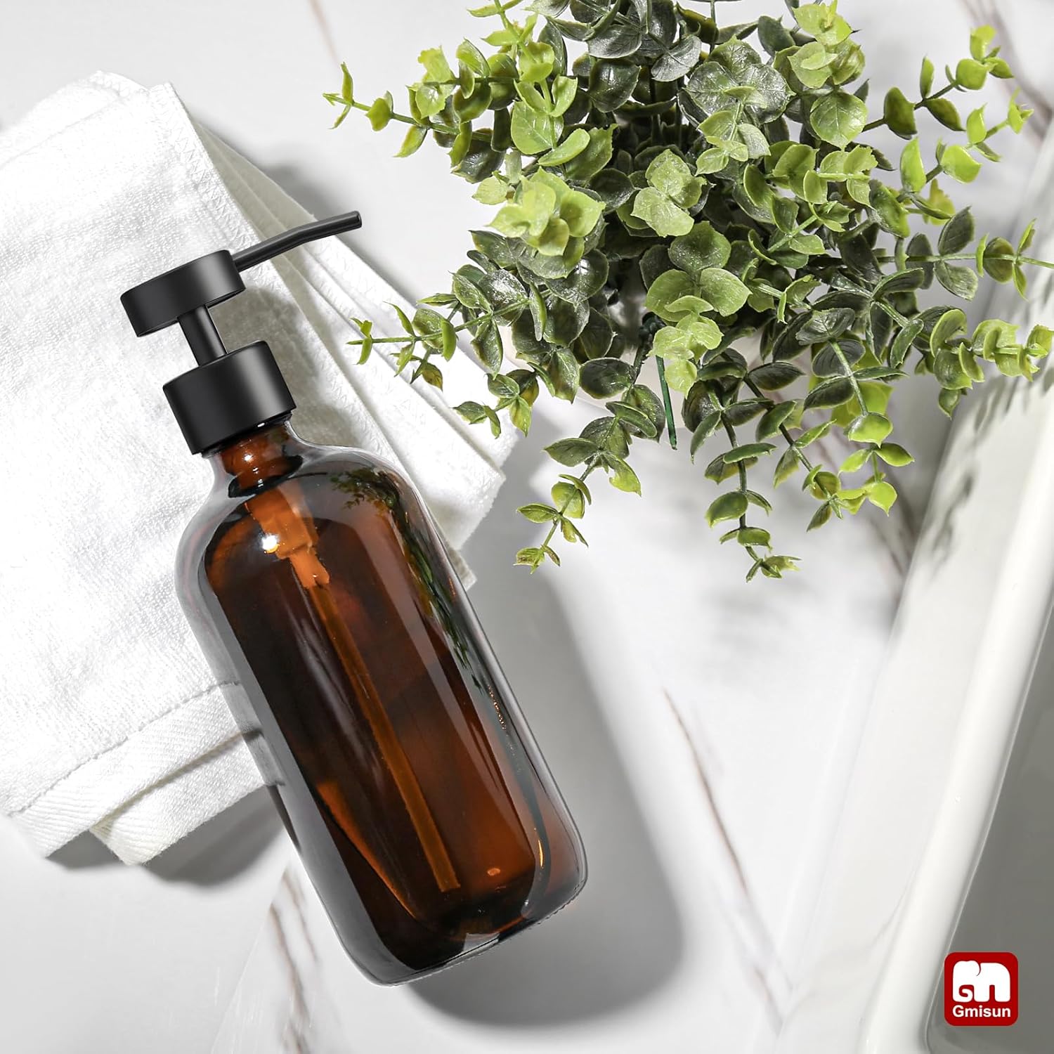 GMISUN 17 Fl Oz Amber Glass Soap Dispenser with Stainless Steel Pump for Kitchen - Image 7