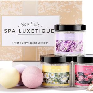 spa luxetique Bath Salts, 8pcs Bath Salts Gift Set with Argan Oil, Bath Bombs, Wooden Scoop, Epsom Salt for Soaking in Lavender, Rose, Chamomile Scent, Mother's Day Gifts