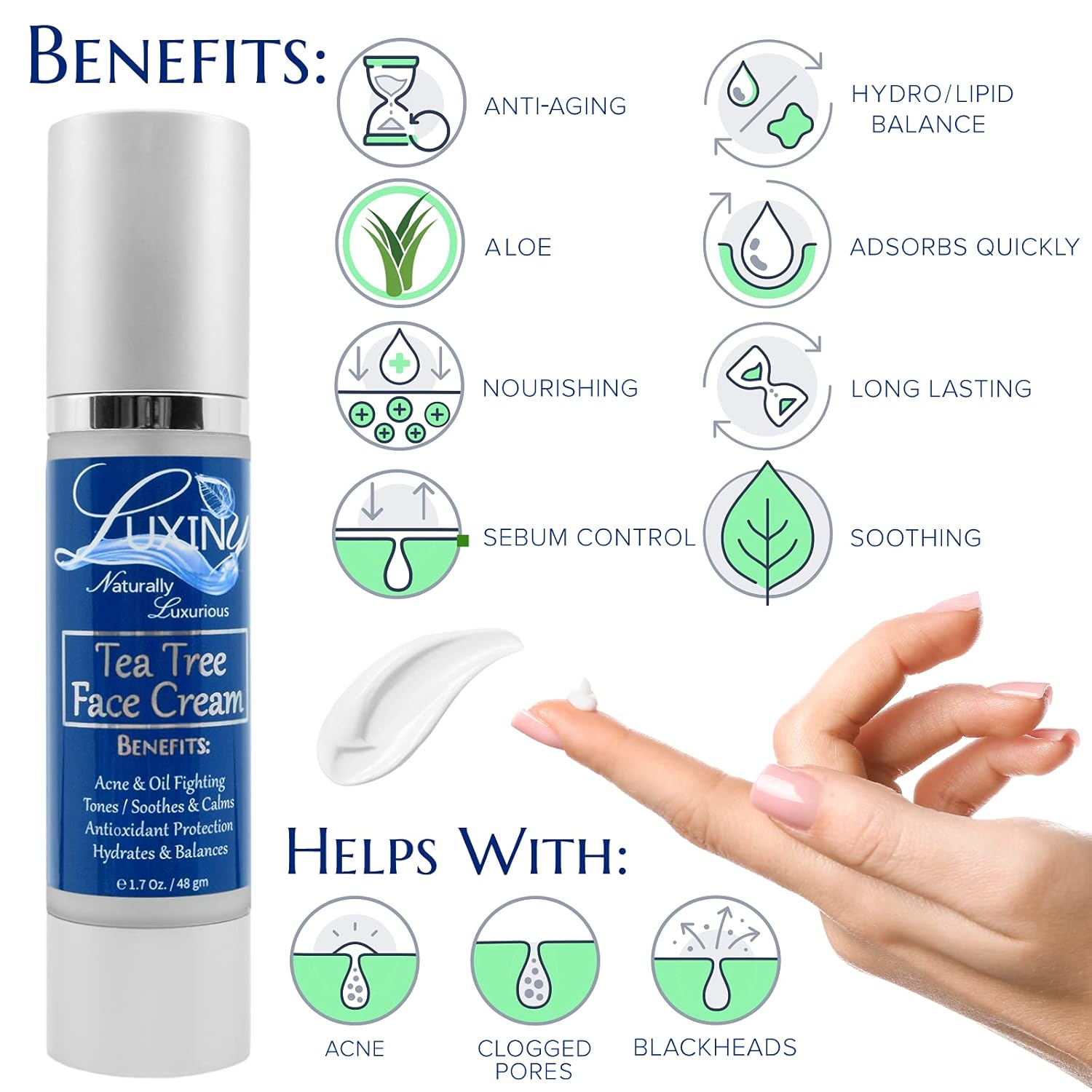 Tea Tree Moisturizer Face Cream, Made in America, with Salicylic Acid & Aloe Vera, a Rich Hydrating Night Cream for Dry Skin & a Daily Mattifying Moisturizer for Acne & Oily Skin, 1.7 oz - Image 4