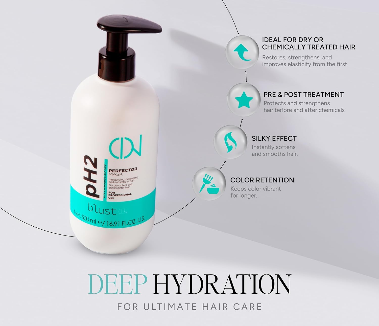 PH2 PERFECT MASK – Professional Hair Mask with Acidic pH 2 – Intensive Treatment for Damaged Hair – Weekly Repair Mask – Deep Hydration and Color Protection – 500ml - Image 4