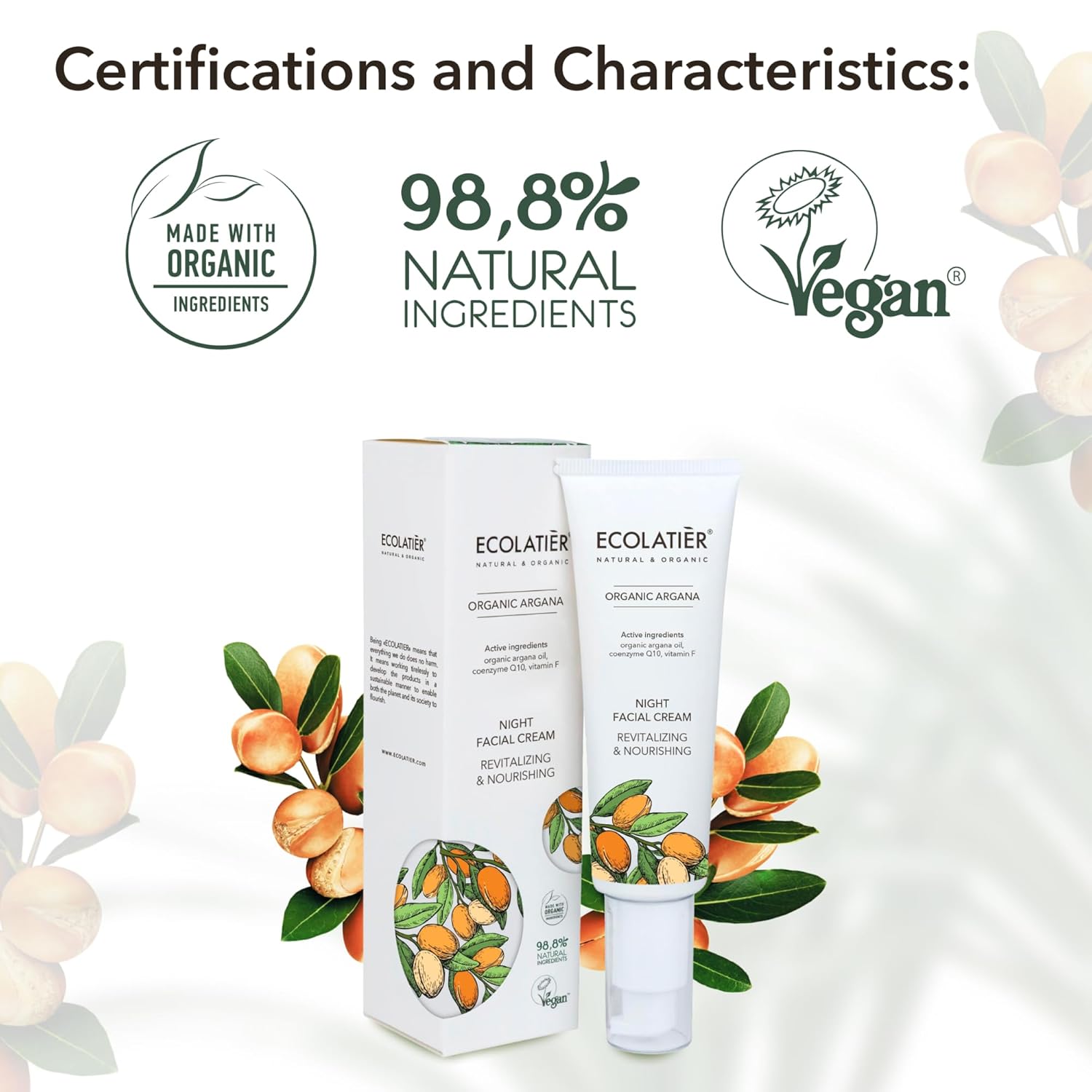 Night Cream with Organic Argan Oil – Revitalizing & Nourishing, Anti-Aging Face Moisturizer with Vitamin C, Vegan, 97.7% Natural Ingredients, 1.7 Fl Oz - ECOLATIER - Image 6