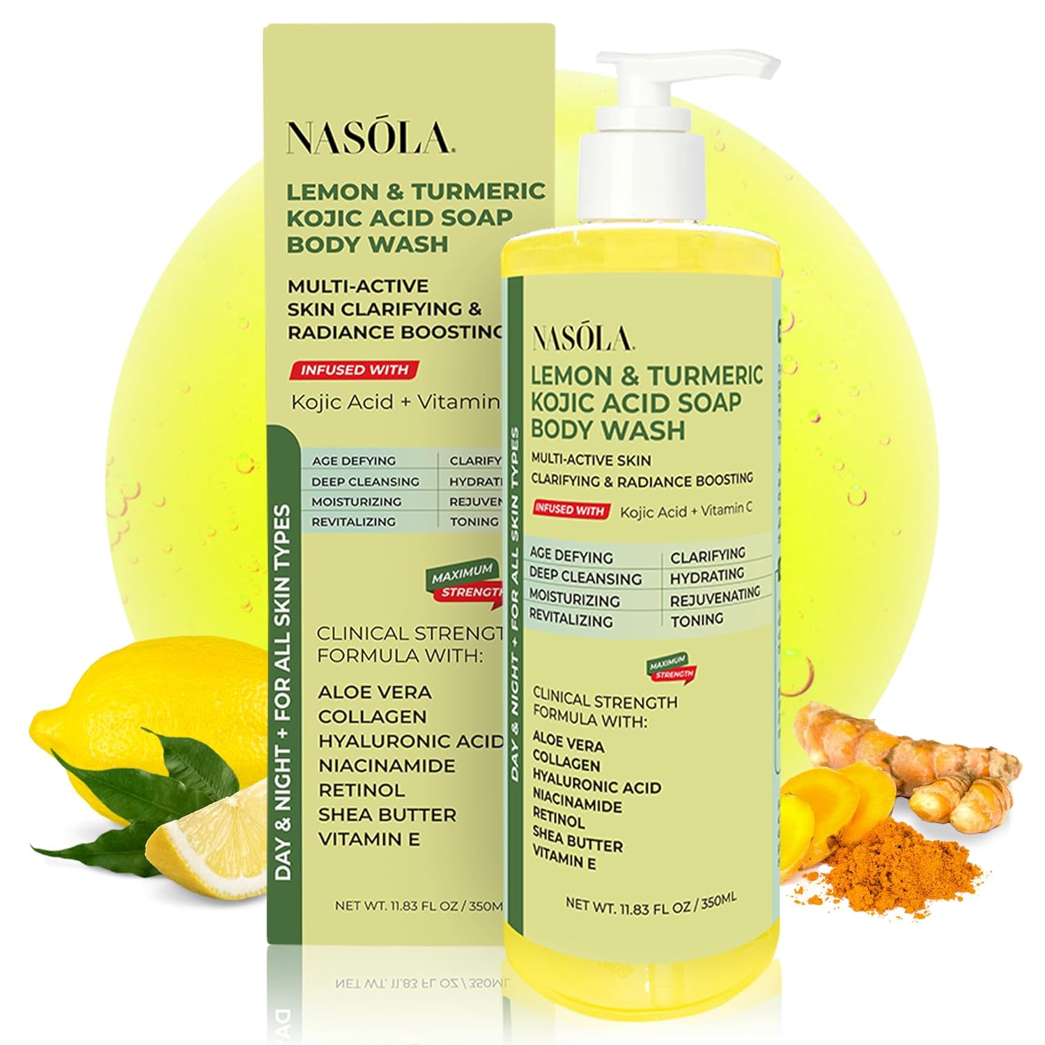Lemon Turmeric Kojic Acid Soap Body Wash - Natural Gentle Face & Skin Cleanser with Vitamin C, Shea Butter, Collagen, Niacinamide, Hyaluronic Acid, and Aloe Vera - 11.83 Fl Oz