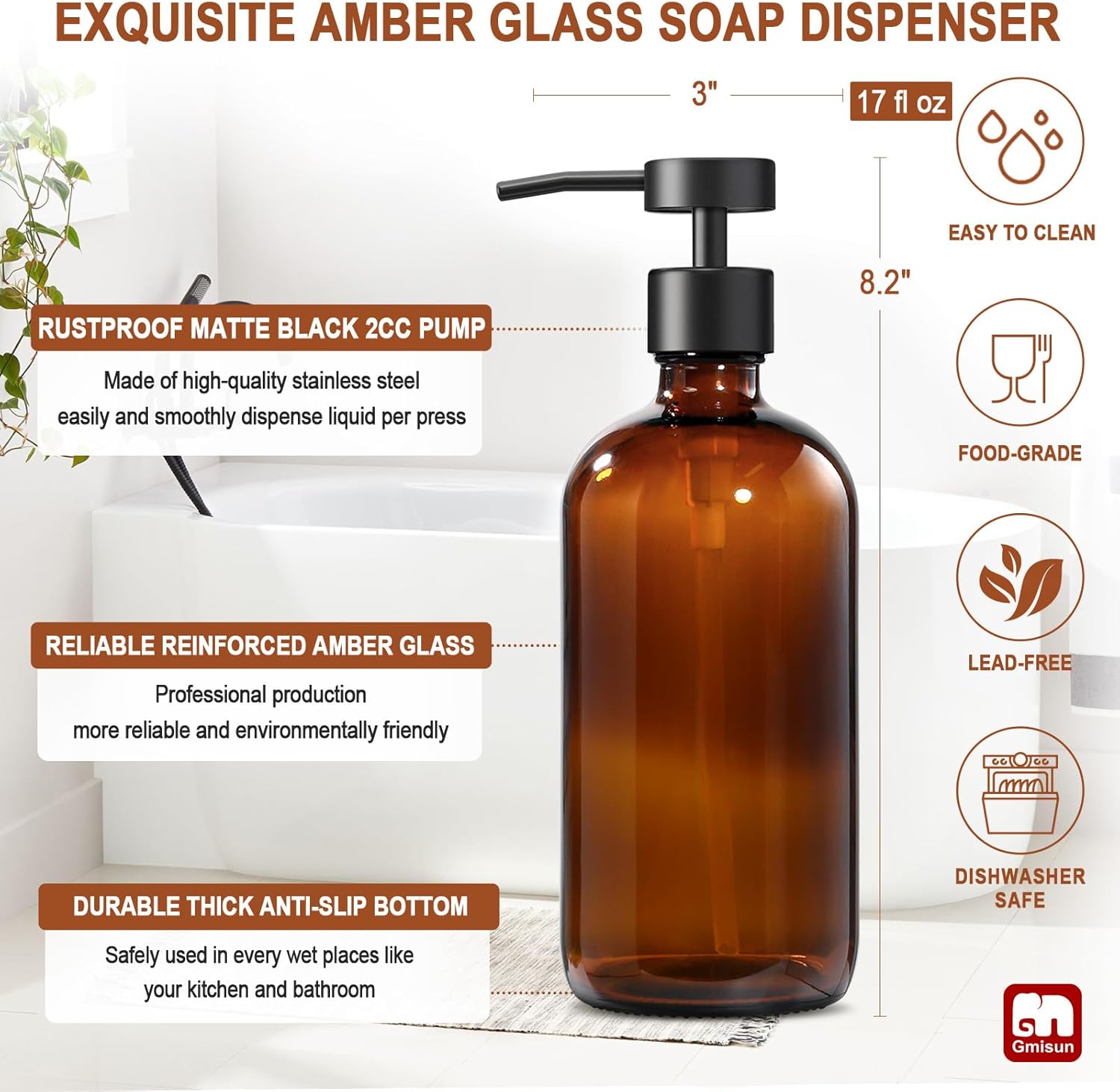 GMISUN 17 Fl Oz Amber Glass Soap Dispenser with Stainless Steel Pump for Kitchen - Image 3