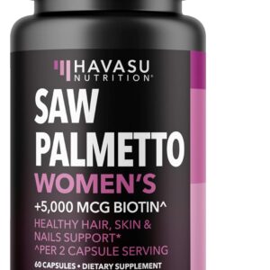 Saw Palmetto for Women with Biotin 5000mcg - Powerful DHT Blocker to Support Hair, Skin, and Nail Health - 60 Count - Vegan, Non-GMO Vitamin for Stronger, Fuller Looking Locks - 1 Month Supply
