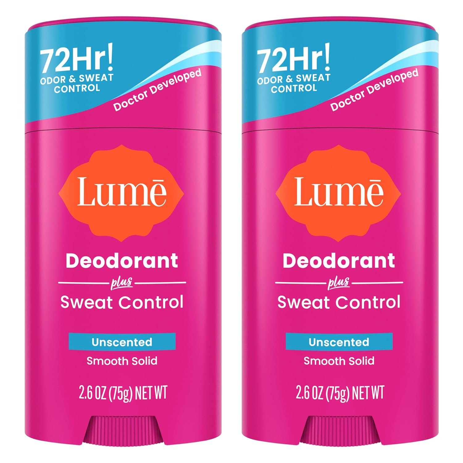 Lume Deodorant Plus Sweat Control - Smooth Solid Stick - Extra Strength Antiperspirant - 72 Hour Odor And Sweat Control - Baking Soda Free, Skin Loving - 2.6 ounce (Unscented) Pack of 2