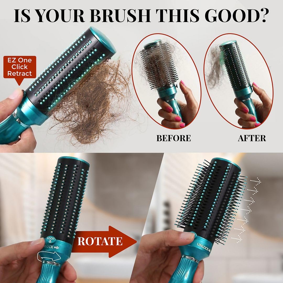 Blue 2-in-1 Curly Hair Blow Dryer Brush with Self-Cleaning Detangler and Retractable Roller for Wet Dry Use - Image 3