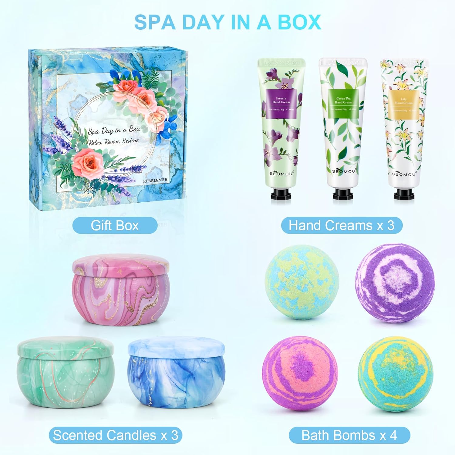 Luxury Bath Bomb Gift Set for Women, 4 Bath Bombs, 3 Soy Candles, 3 Hand Creams, New - Image 6