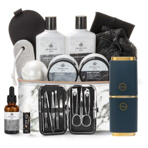 Father's Day Bath and Body Gift Basket for Men and Women, 23pcs Charcoal Luxury Home Spa Kit for Mother in Cosmetics Leather Bag, Face Oil, Birthday Gift, Self Care, perfect for Christmas, Holiday