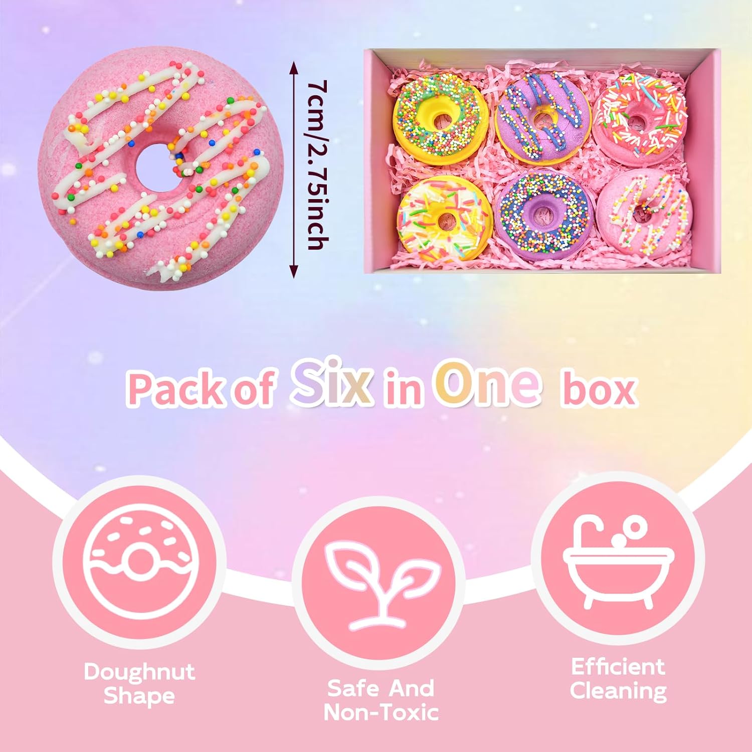 6 Pieces Donut Bath Bombs Gift Set for Kids - Scented Spa Bath Ball Fizzies with Surprise Bracelets Inside, Essential Oils, Moisturizing Bath Treats, Doughnut Princess Party Favors for Girls Women - Image 2
