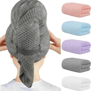HOMEXCEL 5 Pack Microfiber Hair Towels - 40 x 20 inches Super Soft, Fast Drying Turbans for Long, Thick, Curly Hair - Anti Frizz Wrap with Elastic Strap