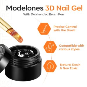 modelones 3D Nail Gel Kit, Gel Nail Art 3D Sculpting Gel with Nails Art Brushes for Chrome Powder for Nails and Rhinestones for DIY at Home & Salon, 9g No Wipe Needed