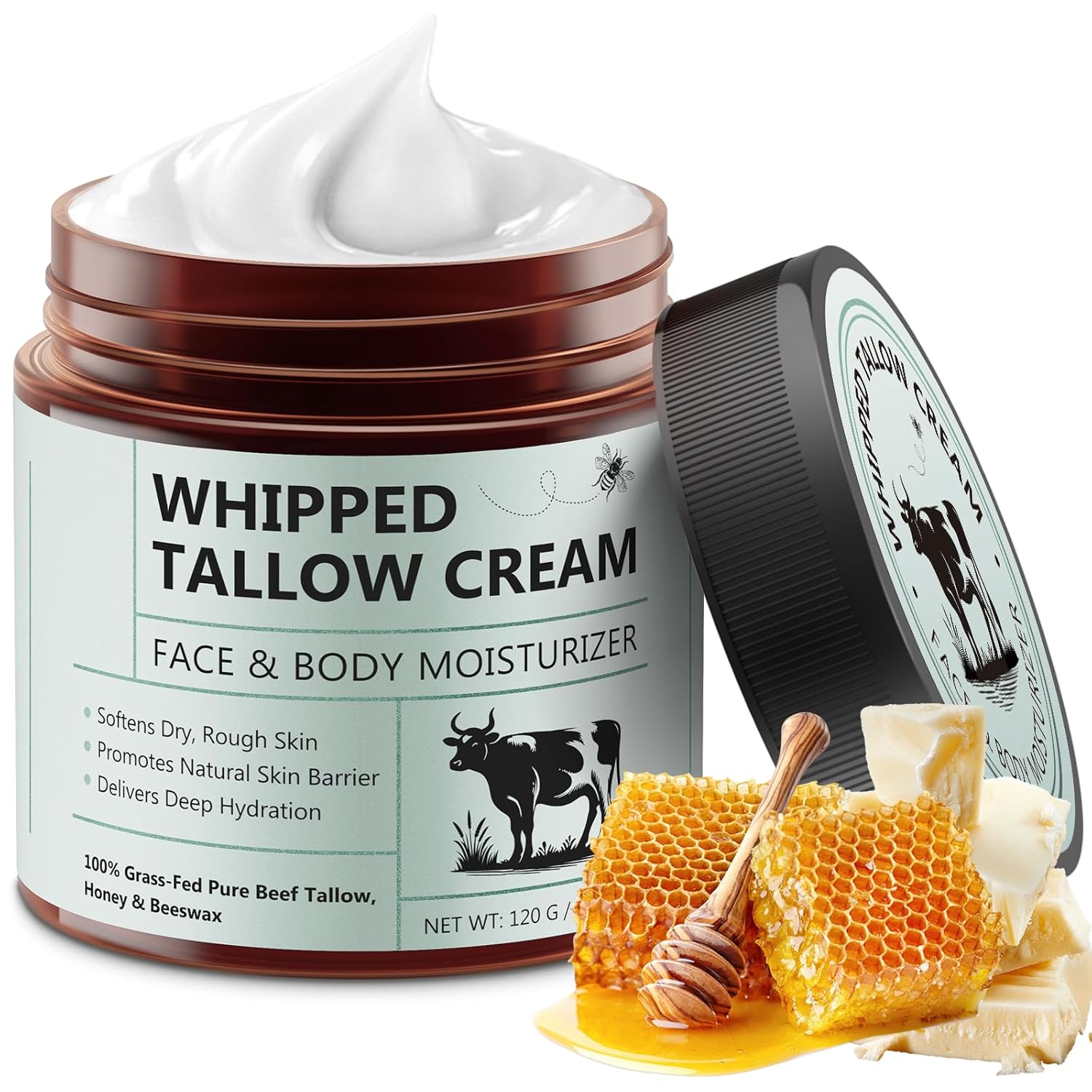 Beef Tallow for Skin, Whipped Tallow Cream Organic for Face, 100% Grass-Fed Pure Beef Tallow, Honey & Beeswax, Whipped Tallow Honey Balm for Face Moisturizer Body Lotion Skin Care for Sensitive Skin