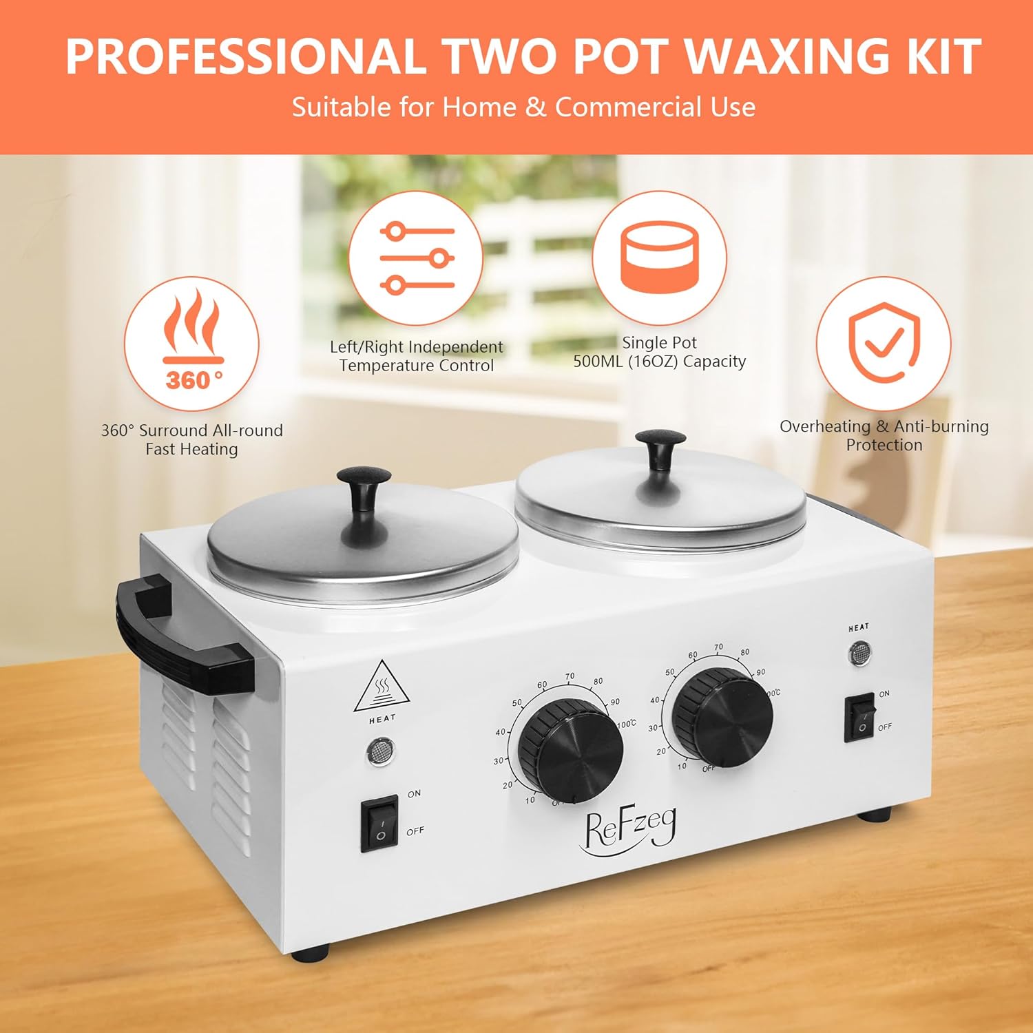 Professional Double Pot Wax Warmer Heater Machine for Painless Hair Removal with 50 Sticks and 20 Collars - Image 6