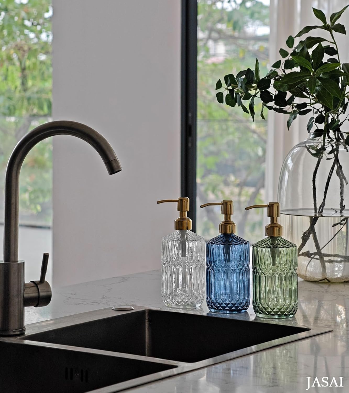 JASAI 18Oz Green Glass Soap Dispenser Gold Pump Refillable Kitchen Bathroom Hand Soap Lotion Body Wash - Image 7