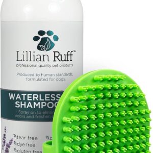 Lillian Ruff Waterless No-Rinse Dog Dry Shampoo Spray with Hydrating Essential Oils - pH-Balanced Dry Shampoo for Dogs - Clean, Condition, Detangle & Deodorize Dry, Sensitive Skin (16oz/Brush)