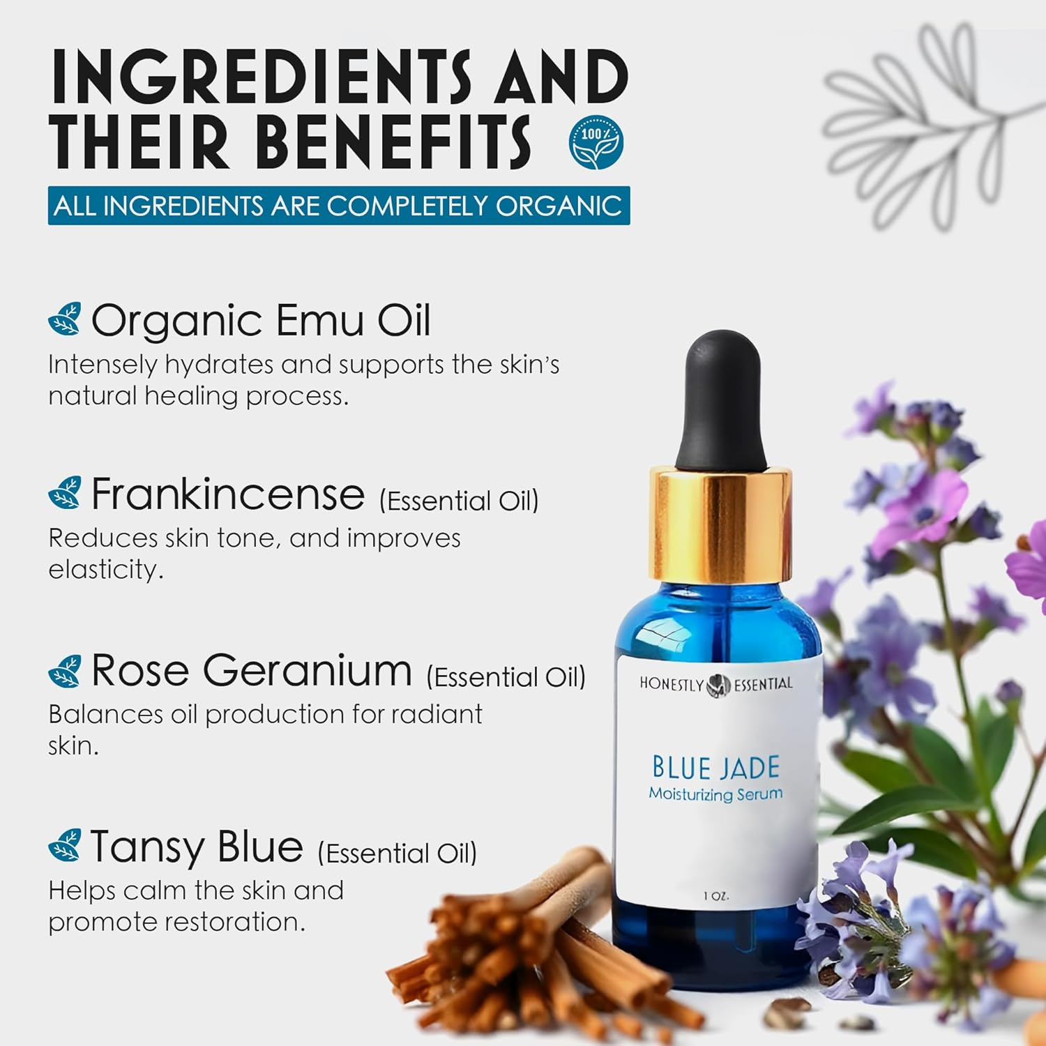 Blu Jade 1 oz Hydrating Facial Serum with Emu Oil and Rose Geranium for Women - Image 3
