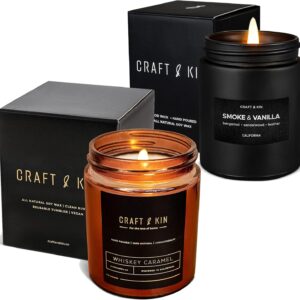 Craft & Kin's Masculine Scented Candle Collection: Vintage Leather Meets Premium Whiskey Caramel | Luxe Soy Candles for Men, Rustic Aromatherapy in Stylish Jars