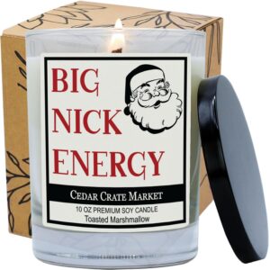Cedar Crate Market - Big Nick Energy Christmas Candle - Warm Toasted Marshmallow, Vanilla and Fire Scented Soy Candles for Home | 13.5 oz Clear Jar, 55+ Hour Burn Time, Made in The USA
