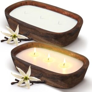 2 Pack Wood Dough Bowl Candle 10 Inch Vanilla Candle Decorative with Wick Scented Candles Soy Gifts for Men Women Farmhouse Table Centerpiece Home(10 Inch,Vanilla)