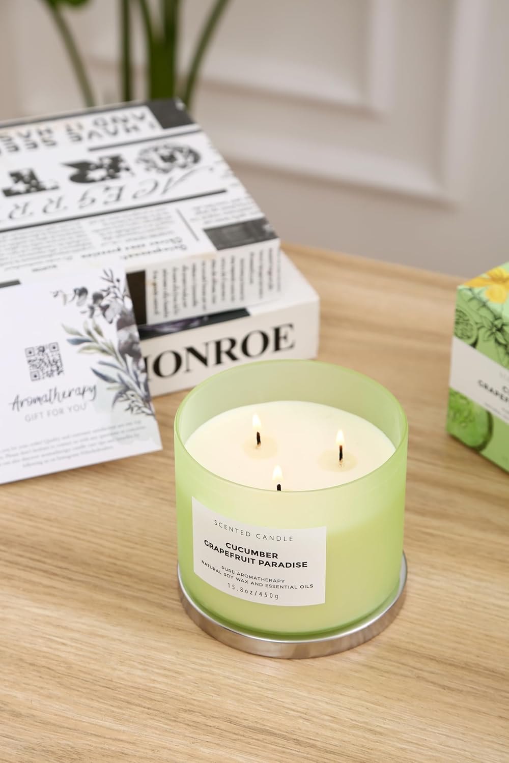 Cucumber Grapefruit Melon Scented Candle | Large 3 Wick Soy Candle for Home 15.8 oz | Refreshing Spring & Summer Aromatherapy Stress Relief Candles Long Lasting | Relaxing Candles for Women & Men - Image 9