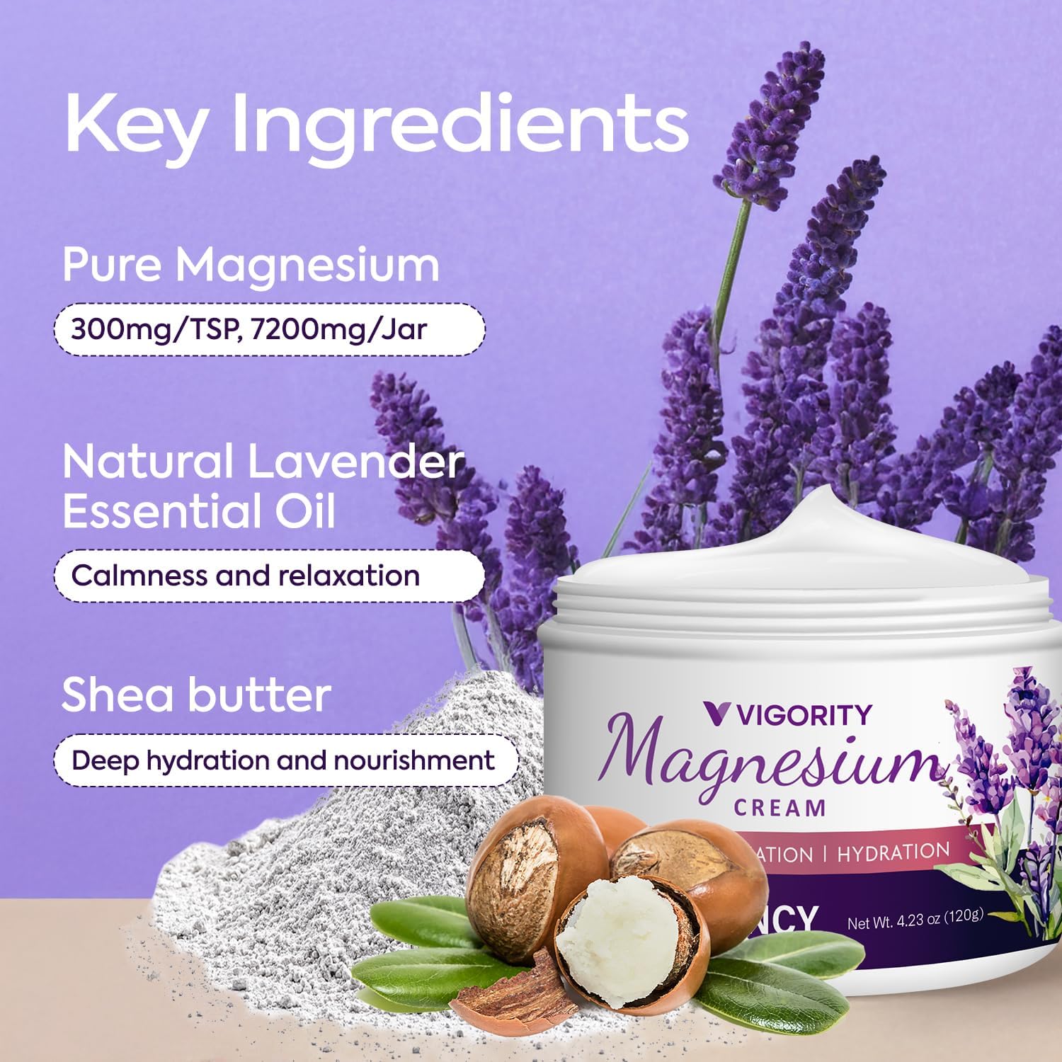 Vigority Soothing Magnesium Cream for Sleep and Leg Cramps with Lavender Shea Butter 4.23 oz - Image 3