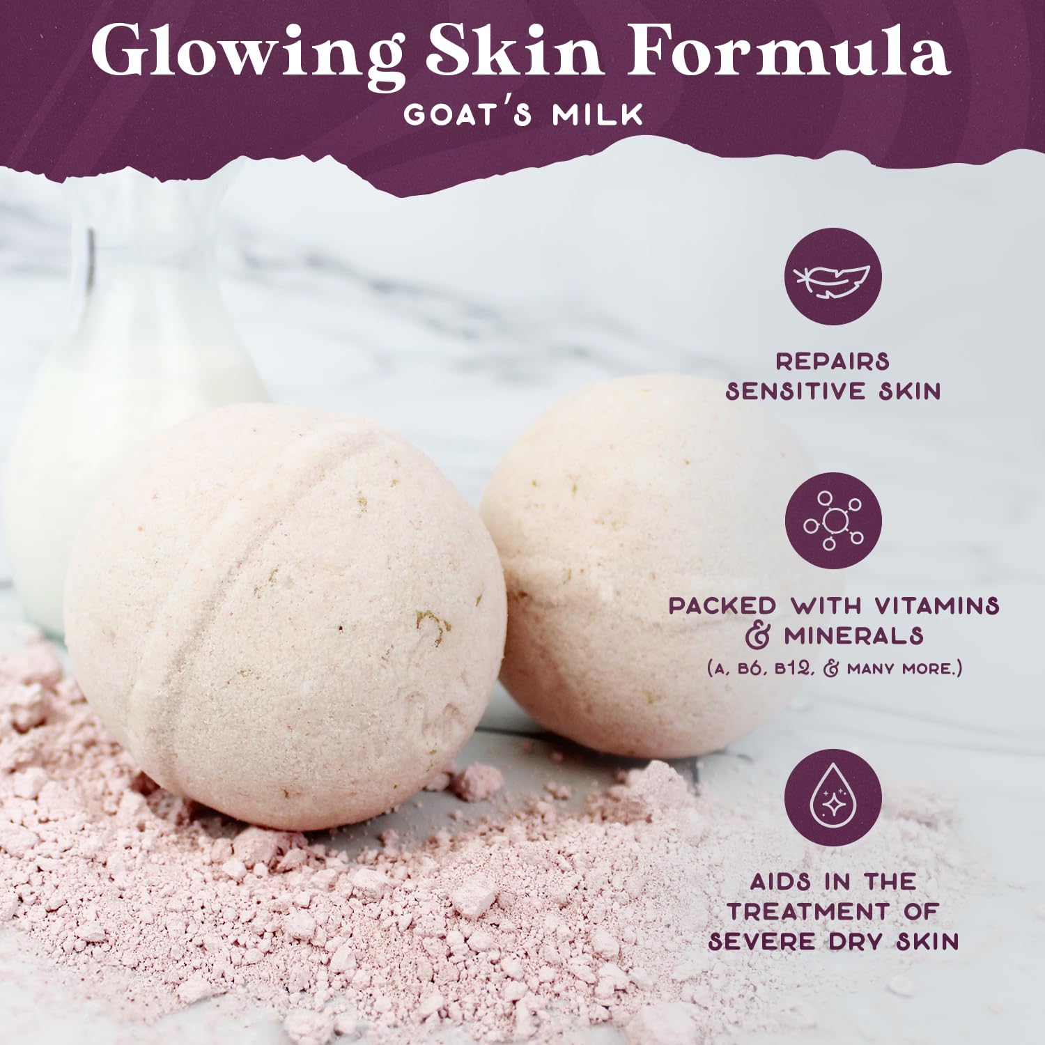 Purple Canyon Glowing Goat Natural Bath Bombs | Skin Moisturizing Goat Milk with Pink Calamine Clay for Sensitive Skin | Fragrance Free Handmade Bath Bombs for Skin Care - Image 3