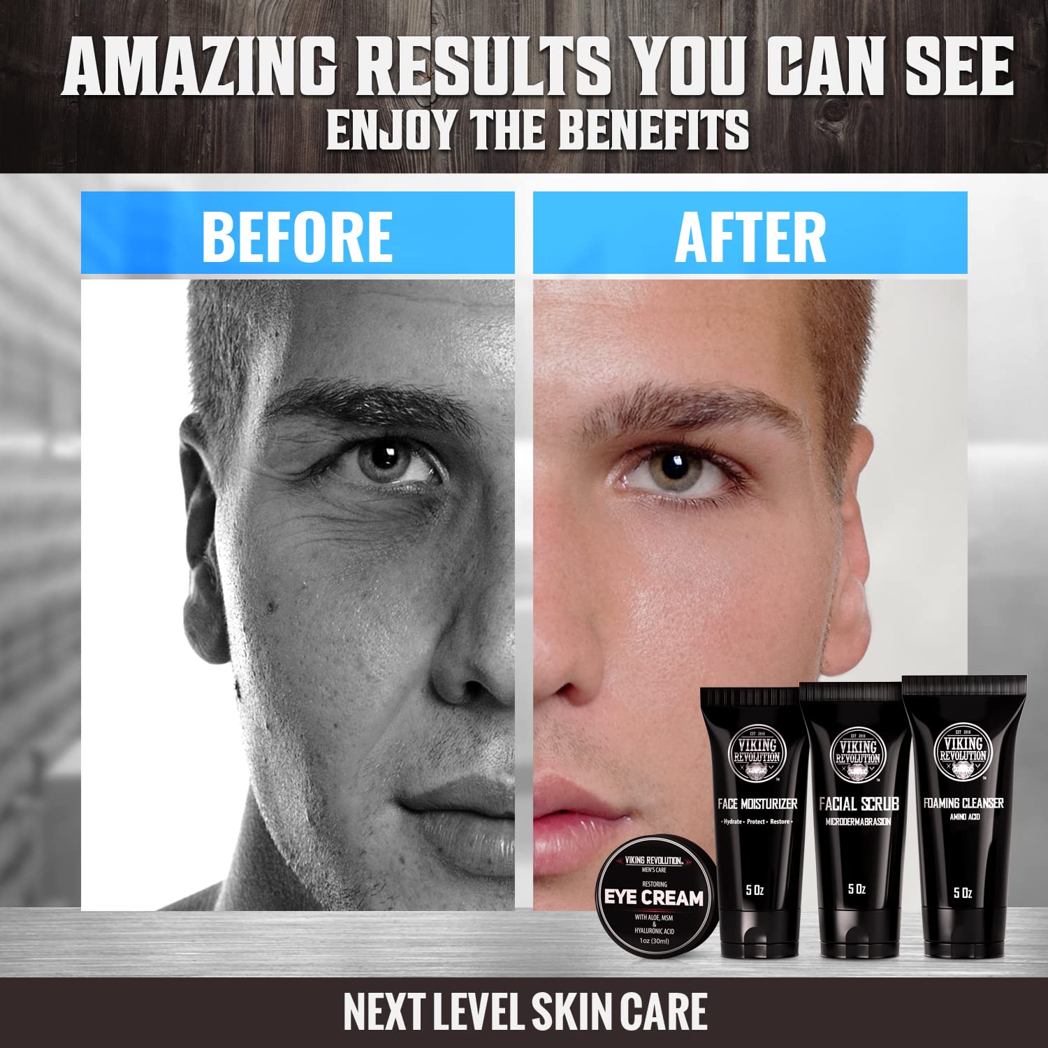 Viking Revolution Mens Facial Skin Care Kit - Includes Rejuvenating Face Moisturizer (5oz) Microdermabrasion Facial Scrub (5oz) Foaming Cleanser (5oz) Eye Cream (1oz) - Image 3