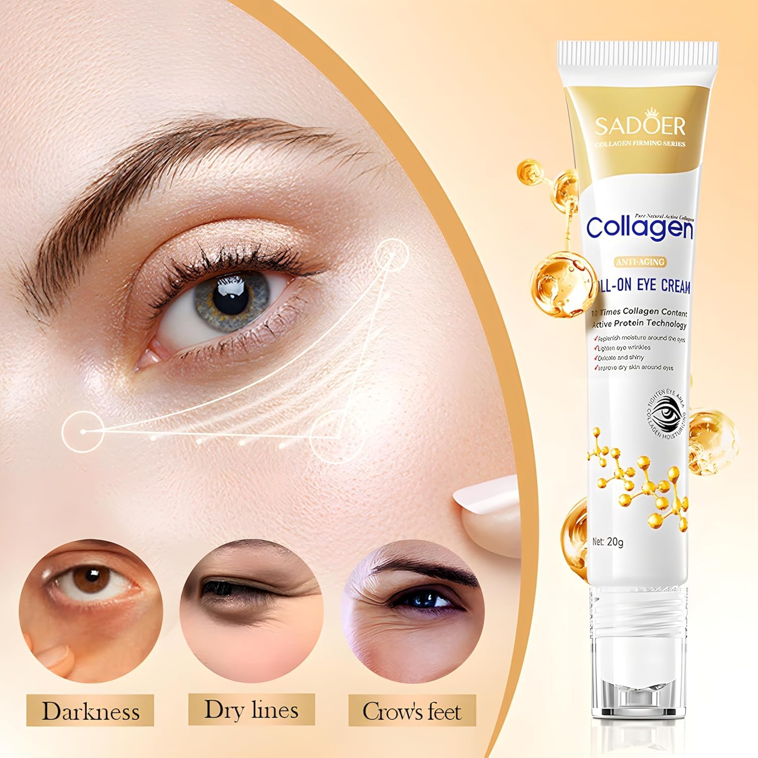 Age Correcting Eye Cream, Anti-Aging Hyaluronic Acid, Collagen & Caffeine Reduce Wrinkles, Dark Circles & Under Eye Puffiness, Lift, Firm & Brighten Eyes, Ice Roller For Under Eye Bags And Puffy Eyes - Image 6